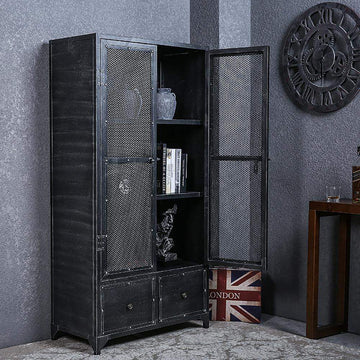 Industrial Black Bookshelf Rectangular Metal Mesh Bookcase 4 Shelves 2-Door 2 Drawer-Bookcases & Bookshelves,Furniture,Office Furniture